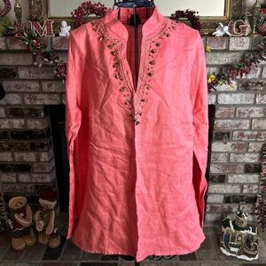 Rafaella 100% Linen Embellished Tunic Top Size Large